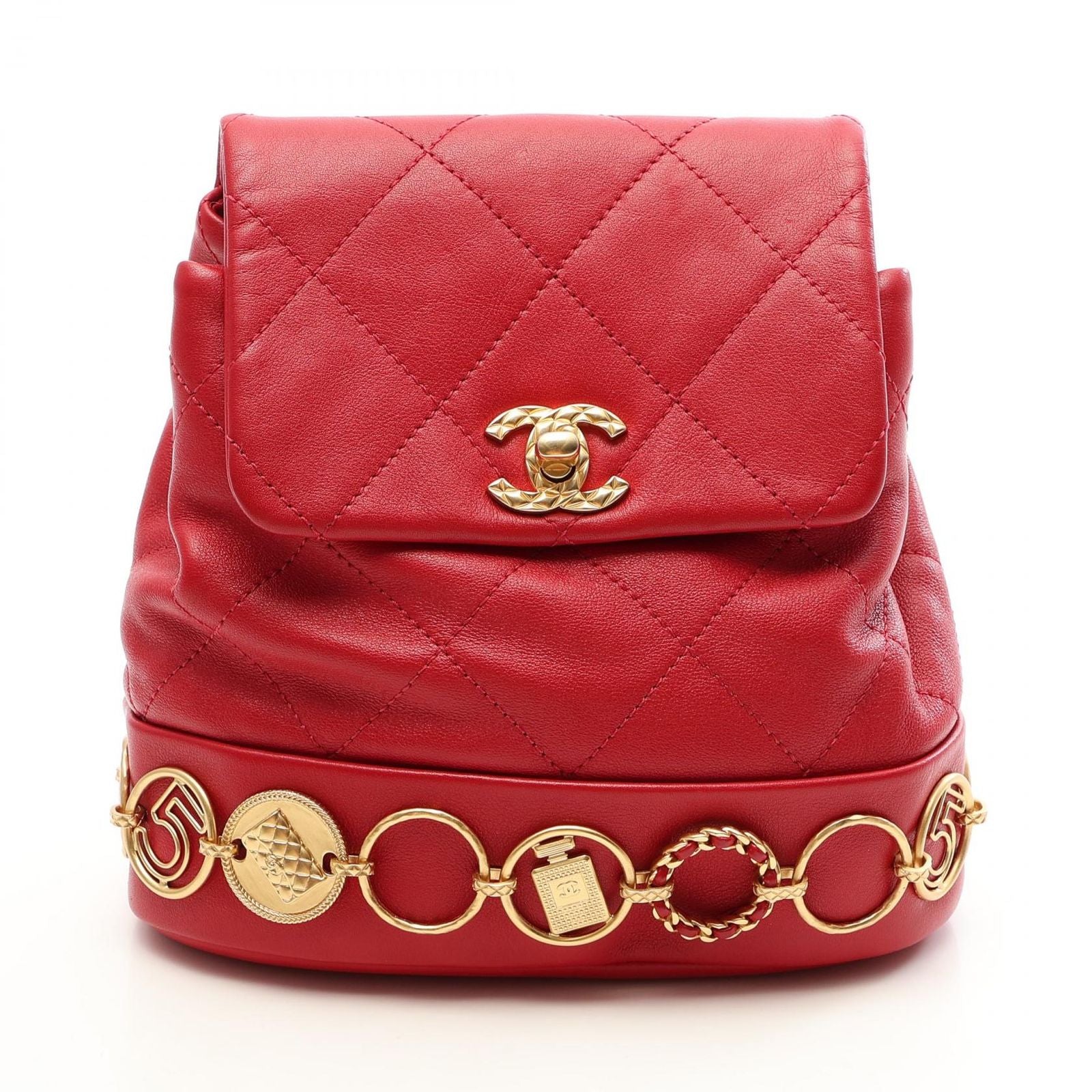 Chanel Backpack Quilted Small Chain Red Lambskin Icon Charm