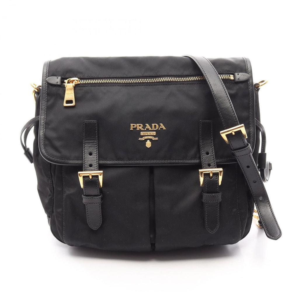 Prada Shoulder Bag Tessuto Saffian Black Nylon Saffiano Leather