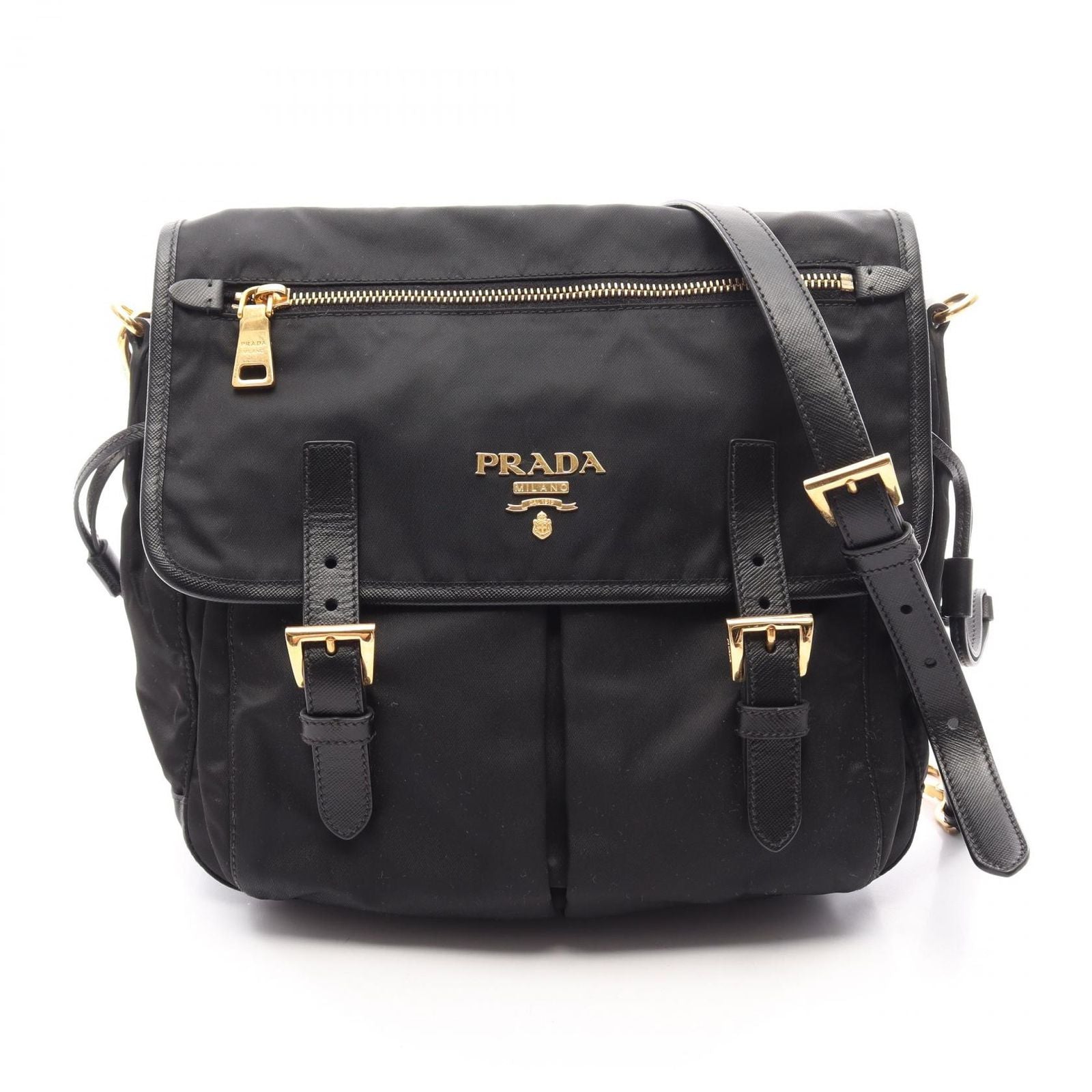 Prada Shoulder Bag Tessuto Saffian Black Nylon Saffiano Leather