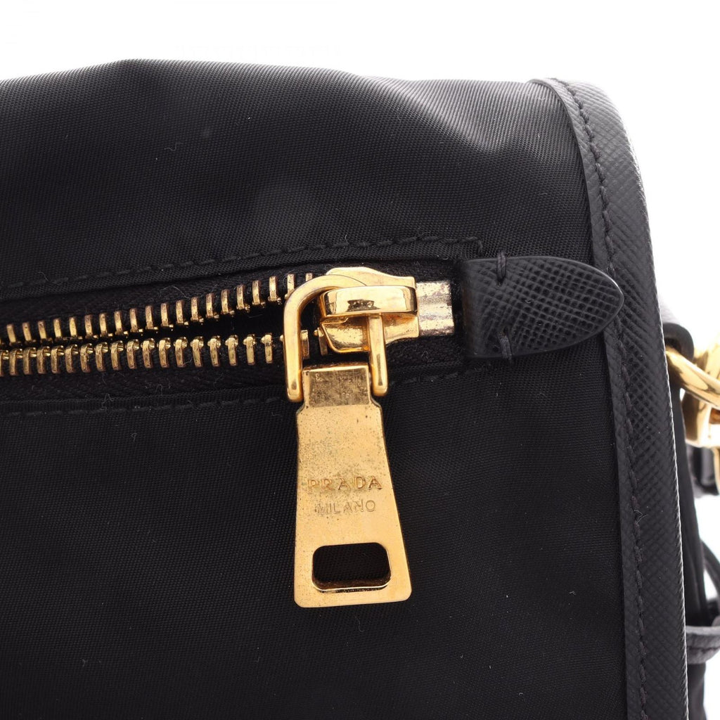 Prada Shoulder Bag Tessuto Saffian Black Nylon Saffiano Leather — view 7