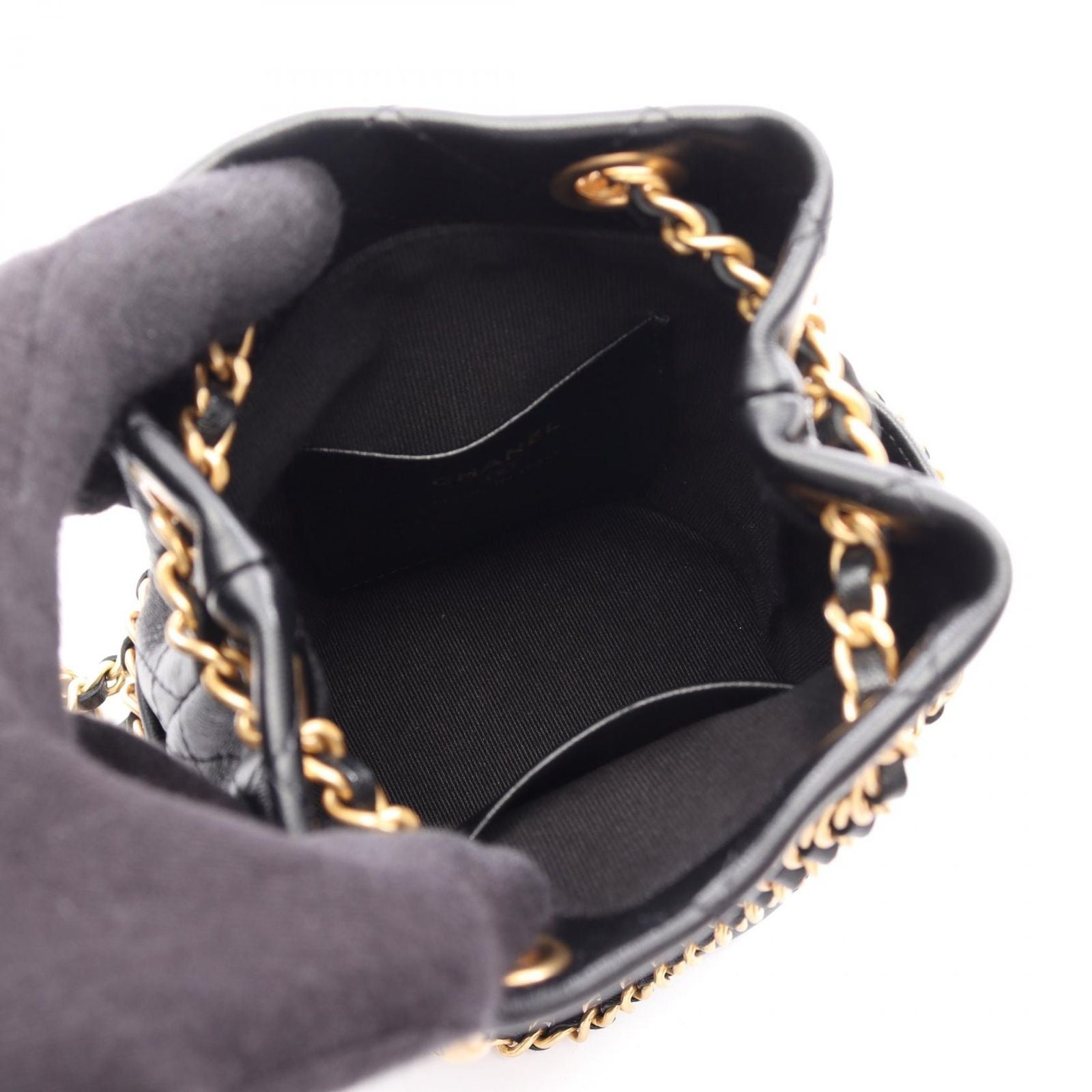 Chanel Shoulder Bag Quilted Drawstring Small Black Lambskin — view 3