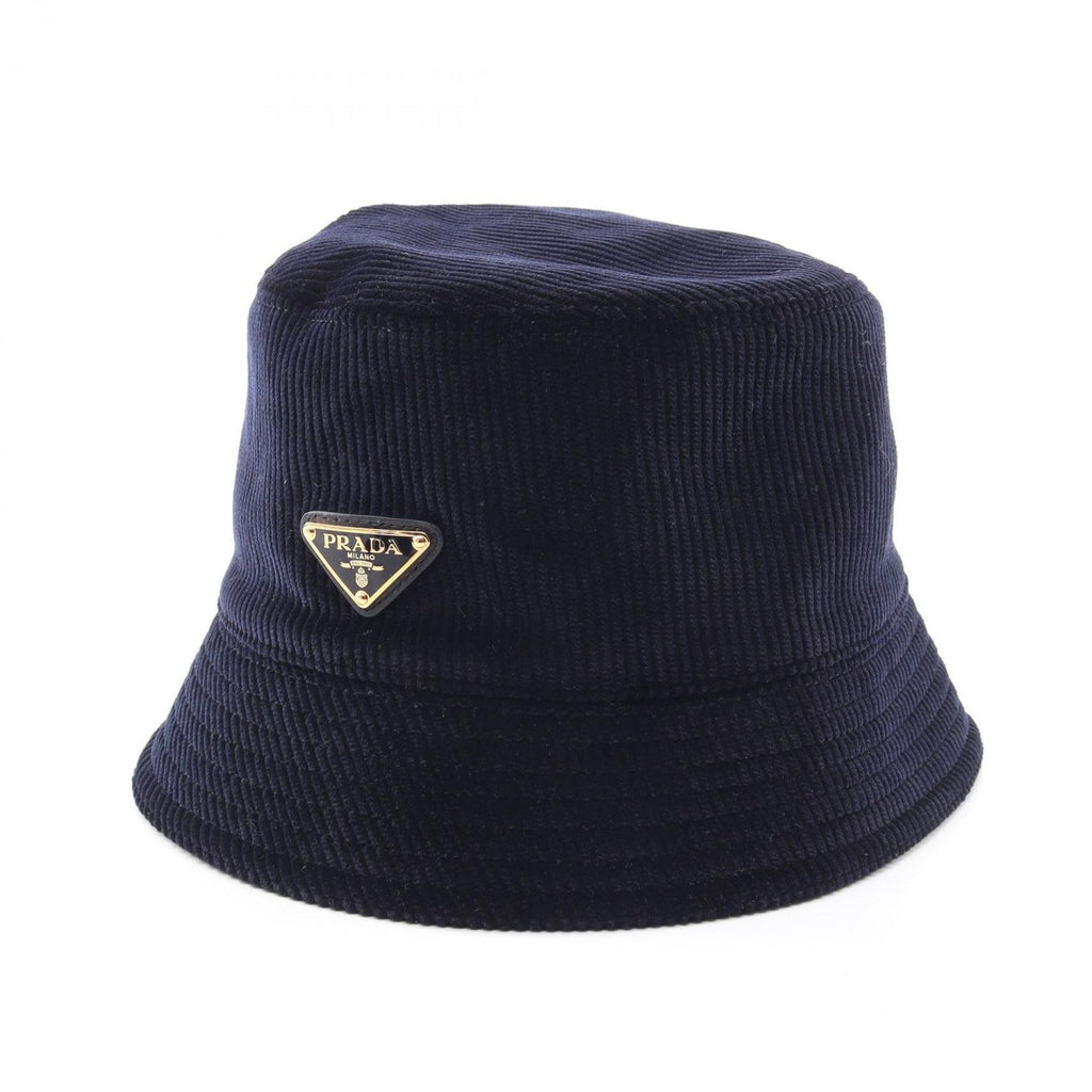 Prada Hat Triangle Plate Corduroy Bucket Navy