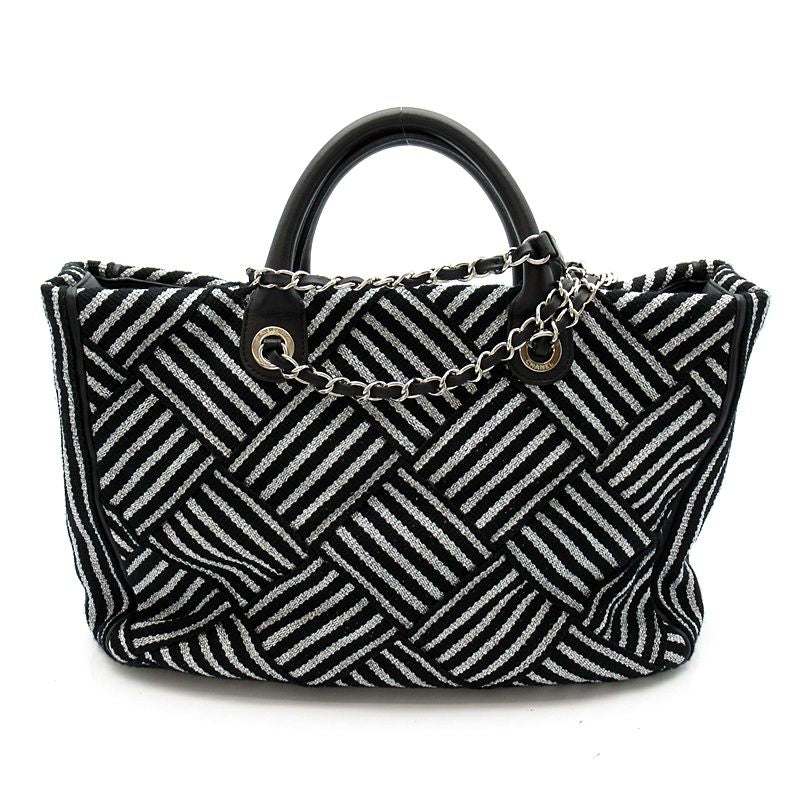 Chanel 2-Way Handbag Canvas Leather Tote Black Silver — view 4