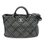 Chanel 2-Way Handbag Canvas Leather Tote Black Silver