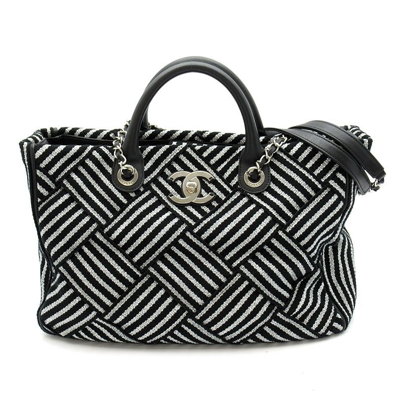 Chanel 2-Way Handbag Canvas Leather Tote Black Silver