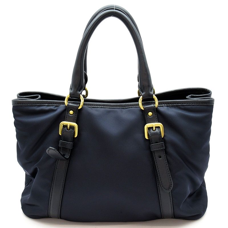 Prada 2-Way Tote Nylon Leather Shoulder Bag Navy — view 4