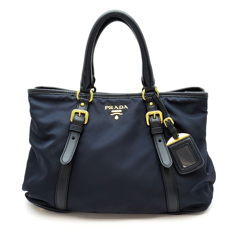 Prada 2-Way Tote Nylon Leather Shoulder Bag Navy
