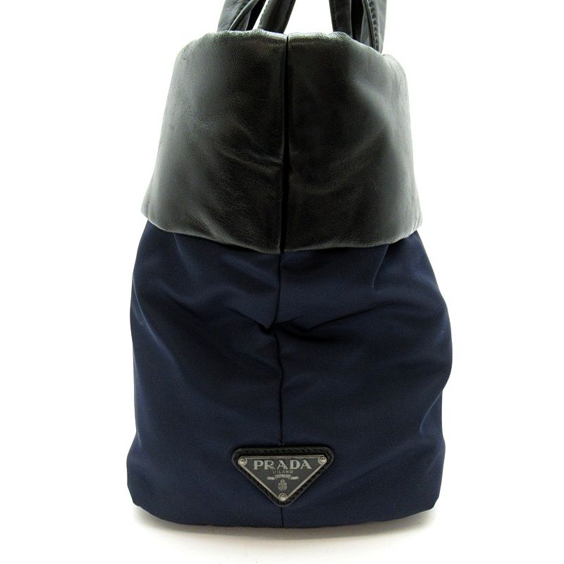 Prada Handbag Nylon Leather Tote Black Navy — view 5