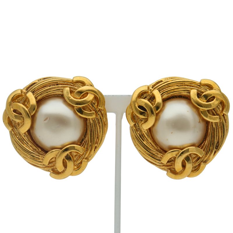 Chanel Faux Pearl Earrings Brass