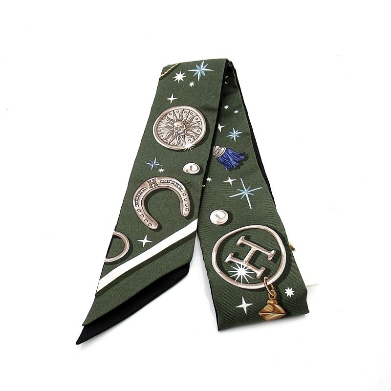 Hermes Twilly Scarf Se la Fet Silk 100% Black Khaki