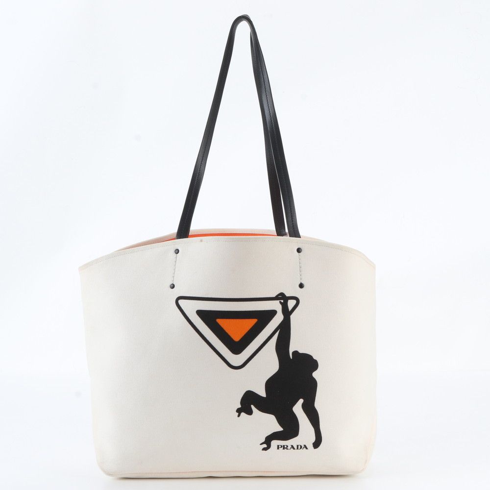 Prada Leather Canvas Canapa Monkey Shoulder Bag Hand — view 2