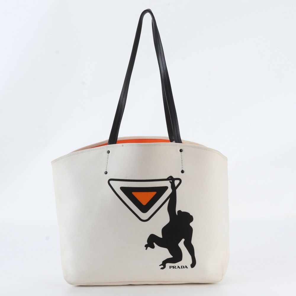 Prada Leather Canvas Canapa Monkey Shoulder Bag Hand