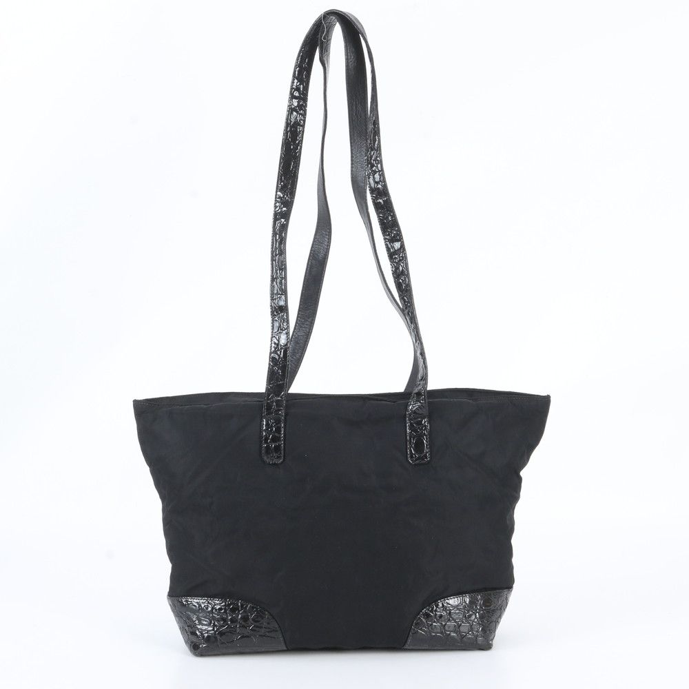 Prada White Tessuto Nylon Triangle Logo Croco Embossed Leather Tote Shoulder — view 3