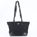 Prada White Tessuto Nylon Triangle Logo Croco Embossed Leather Tote Shoulder