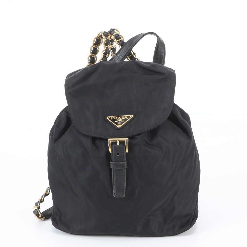 Prada White Tessuto Nylon Triangle Logo Chain Shoulder Leather Backpack
