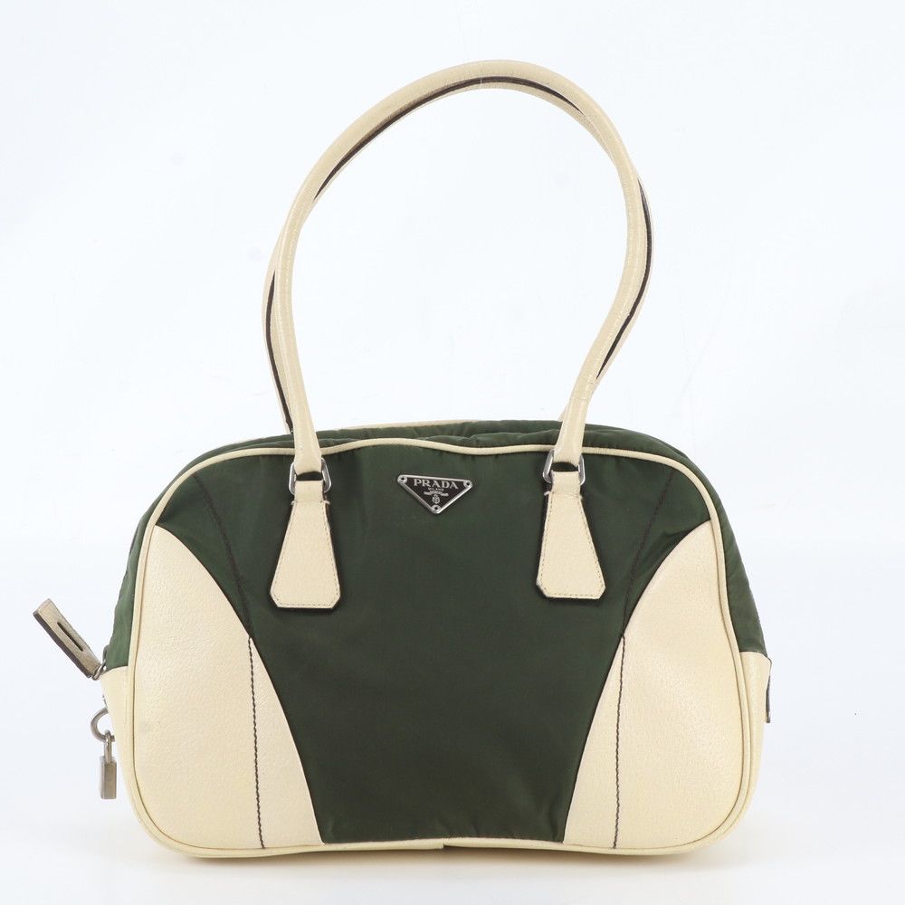 Prada White Tessuto Nylon Triangle Logo Leather Handbag Mini Boston Tote