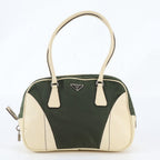 Prada White Tessuto Nylon Triangle Logo Leather Handbag Mini Boston Tote