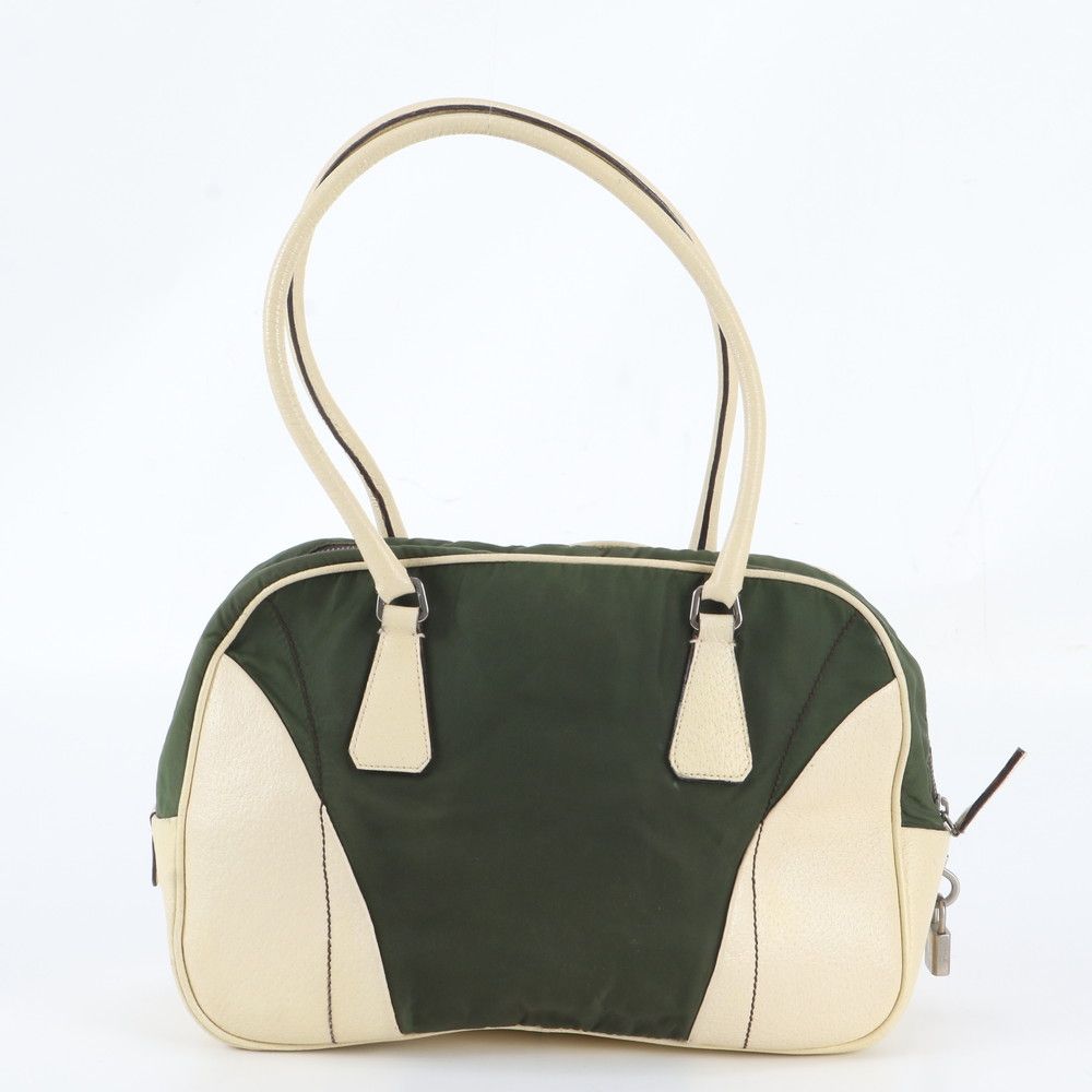 Prada White Tessuto Nylon Triangle Logo Leather Handbag Mini Boston Tote — view 3