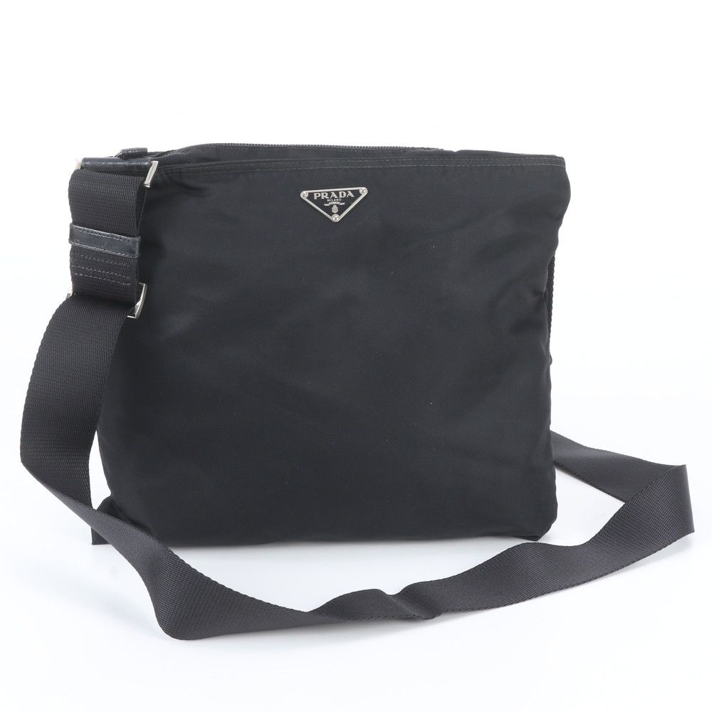 Prada White Tessuto Nylon Triangle Logo Leather Shoulder Bag Crossbody Black