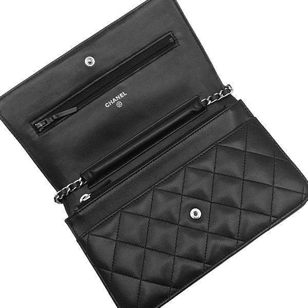 Chanel Chain Wallet Quilted Lambskin Black Silver CC Logo 24 Shoulder Bag — view 7
