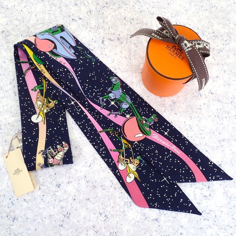 Hermes Twilly Space Scarf Silk Navy Marine Rose