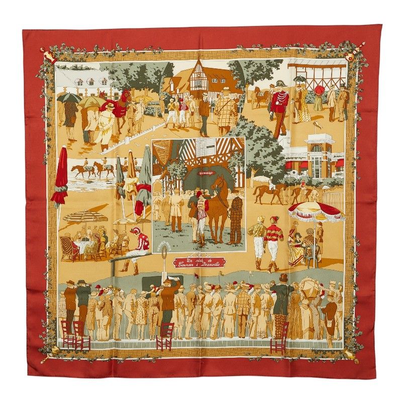 Hermes Carre 90 Un Siecle de Courses Deauville Horse Racing Era Scarf Brown