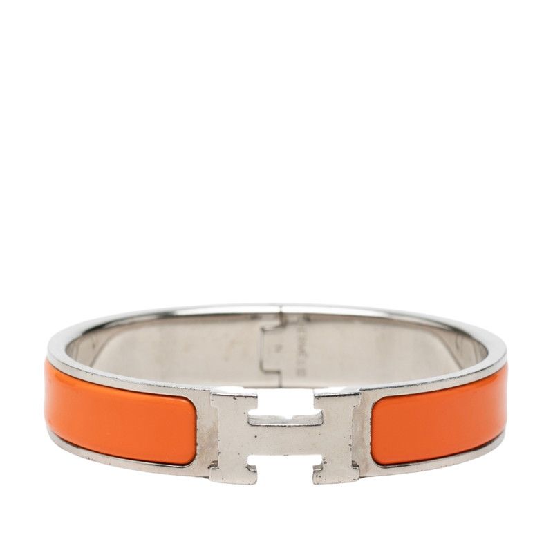 Hermes Click PM Enamel Bracelet Bangle Silver Orange Metal