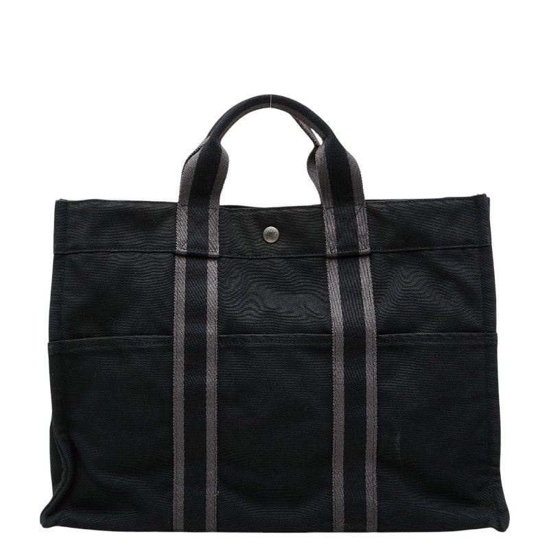 Hermes Fourre Tout MM Tote Bag Black Gray Cotton