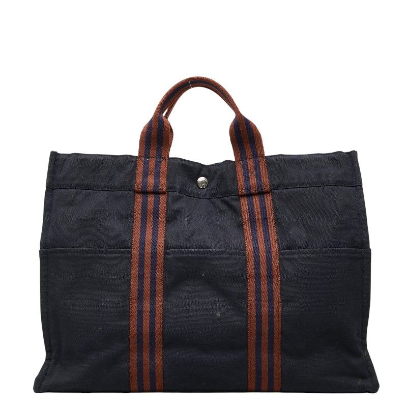 Hermes Fourre Tout MM Tote Bag Navy Brown Cotton