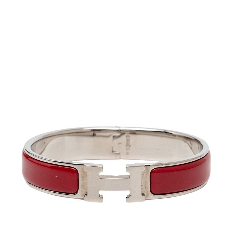 Hermes Click PM Bracelet Bangle Silver Red Bordeaux Metal Enamel