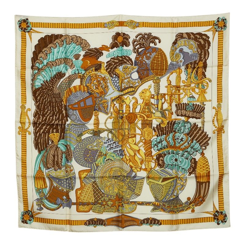 Hermes Carre 90 Armets en Panache Feather Cavalry Helmet Scarf Multicolor Silk