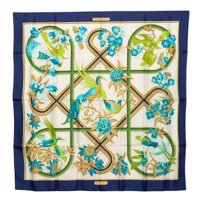 Hermes Carre 90 Caraibes Caribbean Bird Scarf Navy White Silk