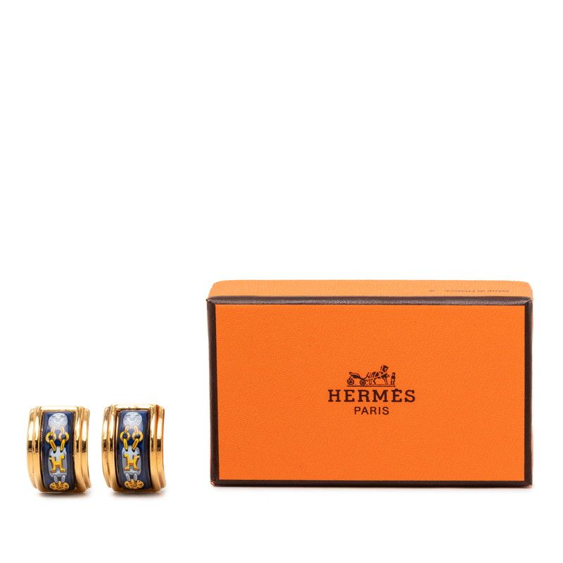Hermes Enamel Cloisonne Earrings Gold Blue Plated — view 4