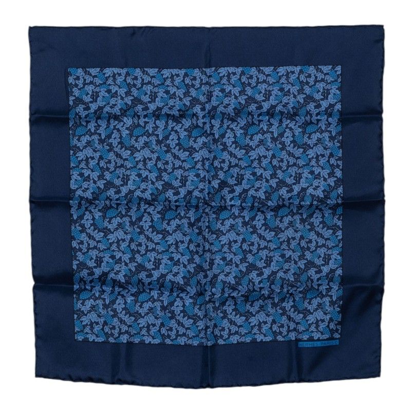 Hermes Carre 45 Petit Gavroche Grape Vines Gray Scarf Navy Blue Silk