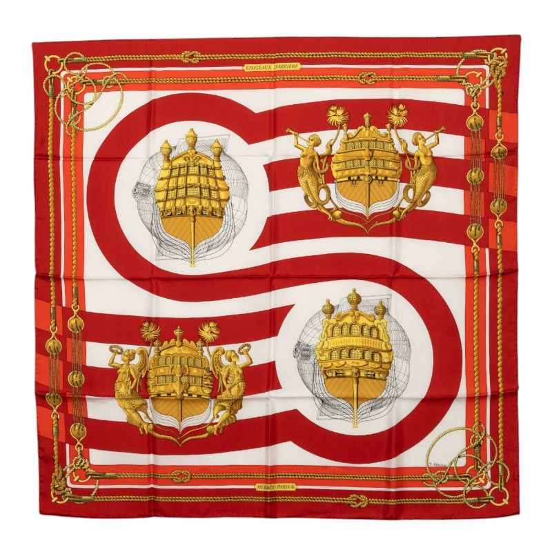 Hermes Carre 90 Chateaux D'arriere Scarf Red Silk
