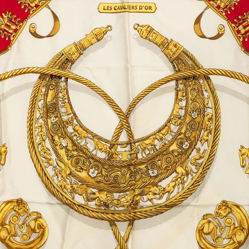 Hermes Carre 90 Yellow Gold Knight les Cavaliers D'or Scarf Red White Silk — view 2