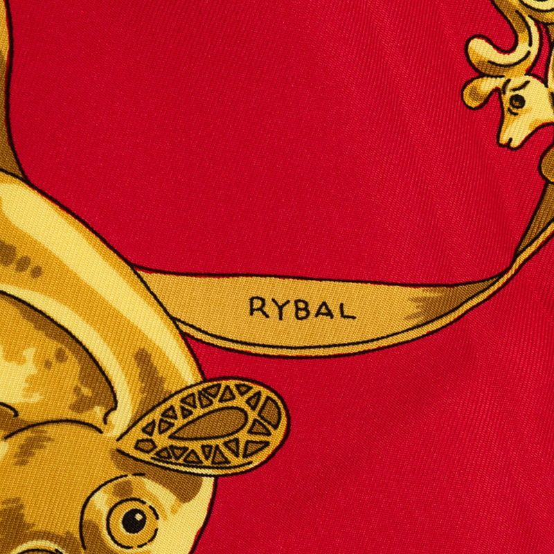 Hermes Carre 90 Yellow Gold Knight les Cavaliers D'or Scarf Red White Silk — view 7