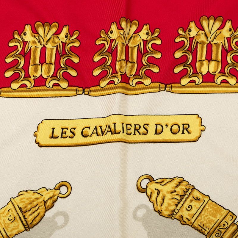 Hermes Carre 90 Yellow Gold Knight les Cavaliers D'or Scarf Red White Silk — view 3