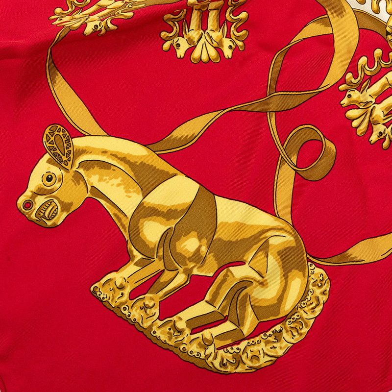 Hermes Carre 90 Yellow Gold Knight les Cavaliers D'or Scarf Red White Silk — view 5