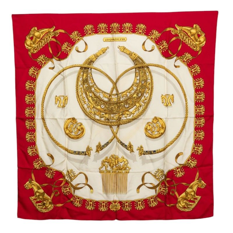 Hermes Carre 90 Yellow Gold Knight les Cavaliers D'or Scarf Red White Silk