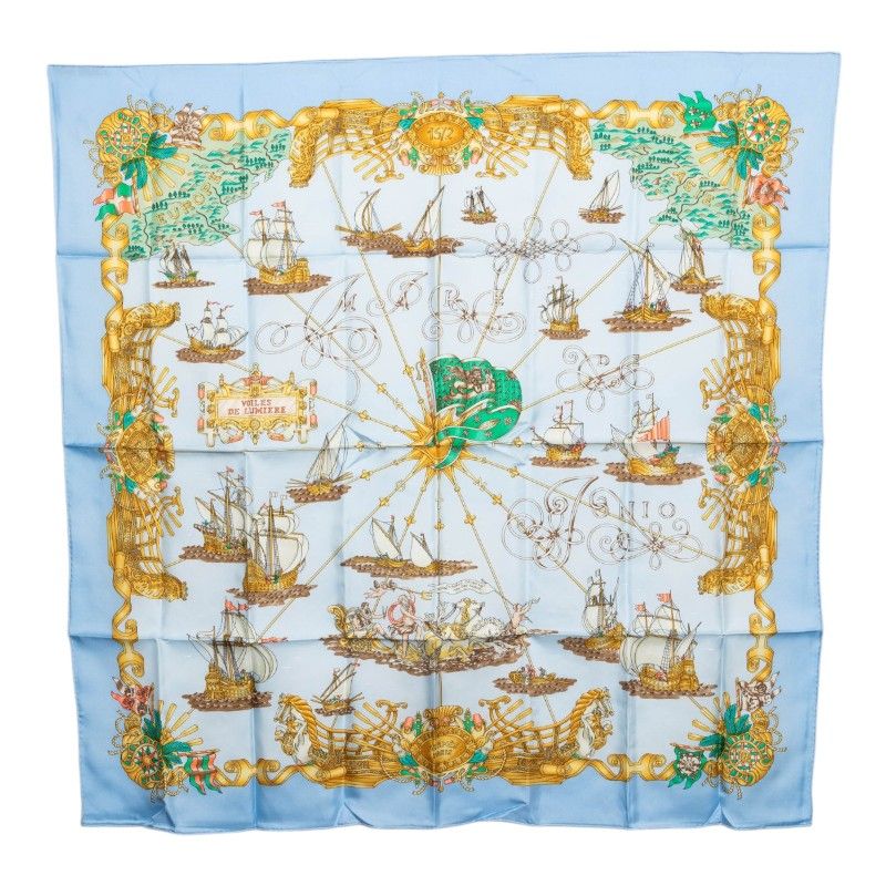 Hermes Carre 90 Voiles de Lumiere Sailing Ship of Light Scarf Blue Silk