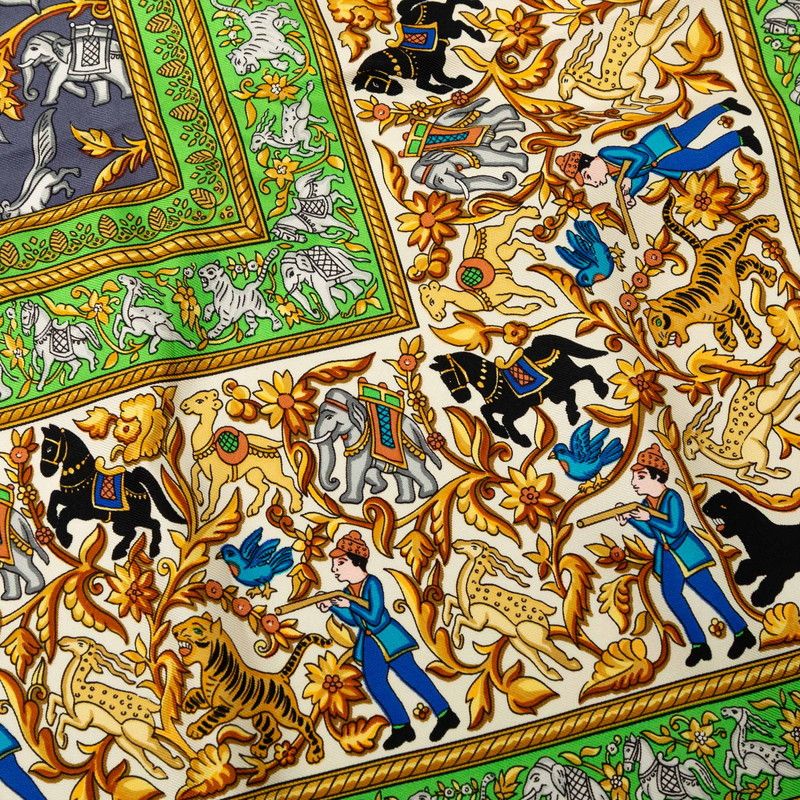 Hermes Carre 90 Chasse en Inde Indian Hunting Scarf Green Silk — view 6