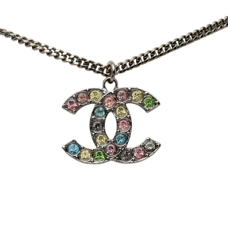 Chanel CC Logo Necklace Silver Metal Rhinestone