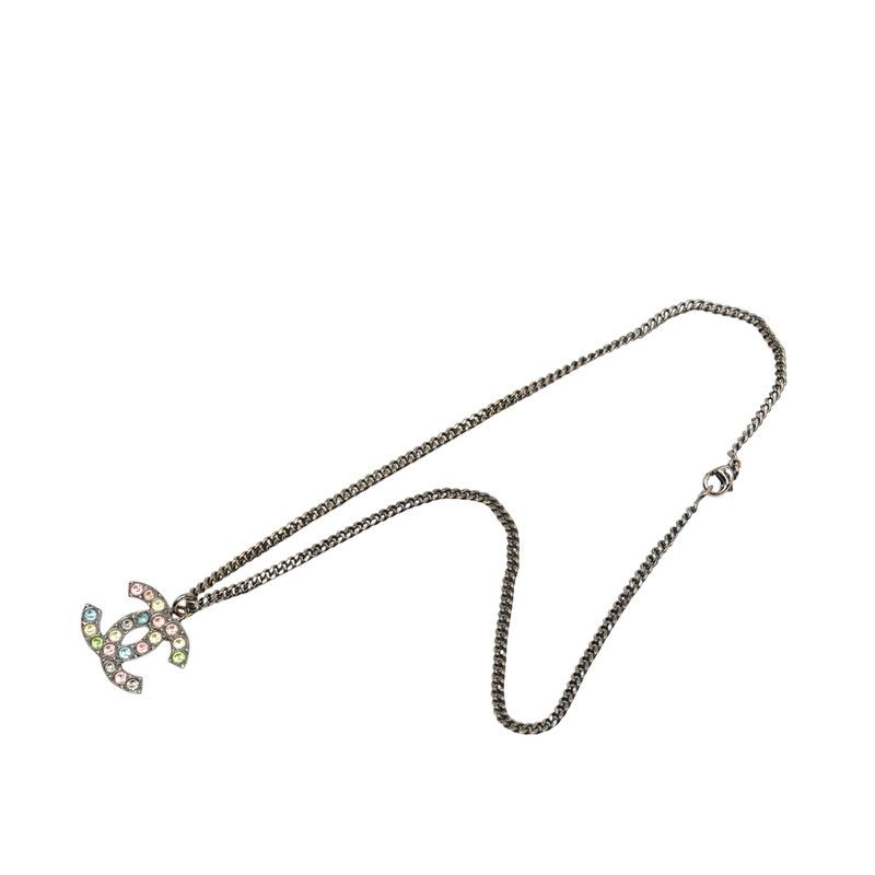 Chanel CC Logo Necklace Silver Metal Rhinestone — view 3