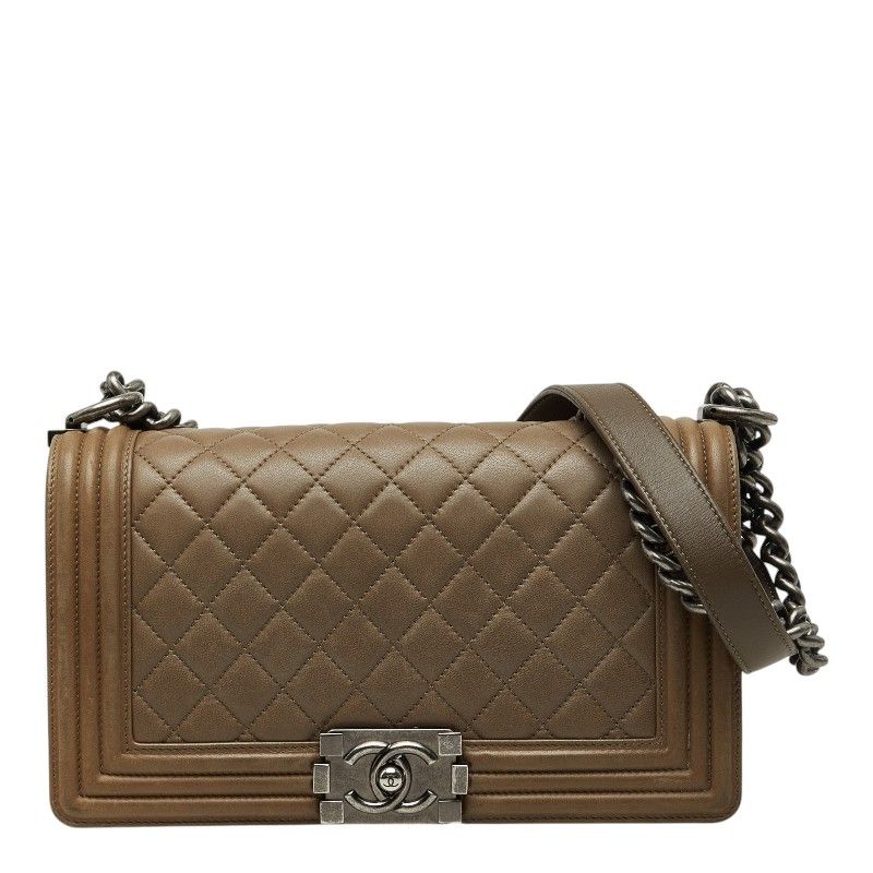 Chanel CC Logo Quilted Boy 25 Chain Shoulder Bag Khaki Green Lambskin