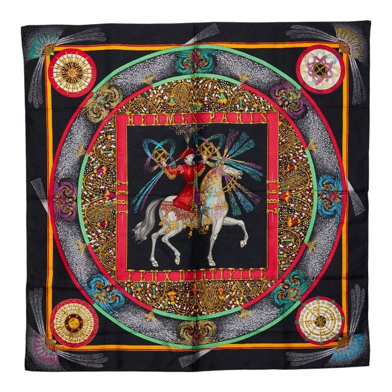 Hermes Carre 90 Feux D'artifice Scarf Black Multicolor Silk