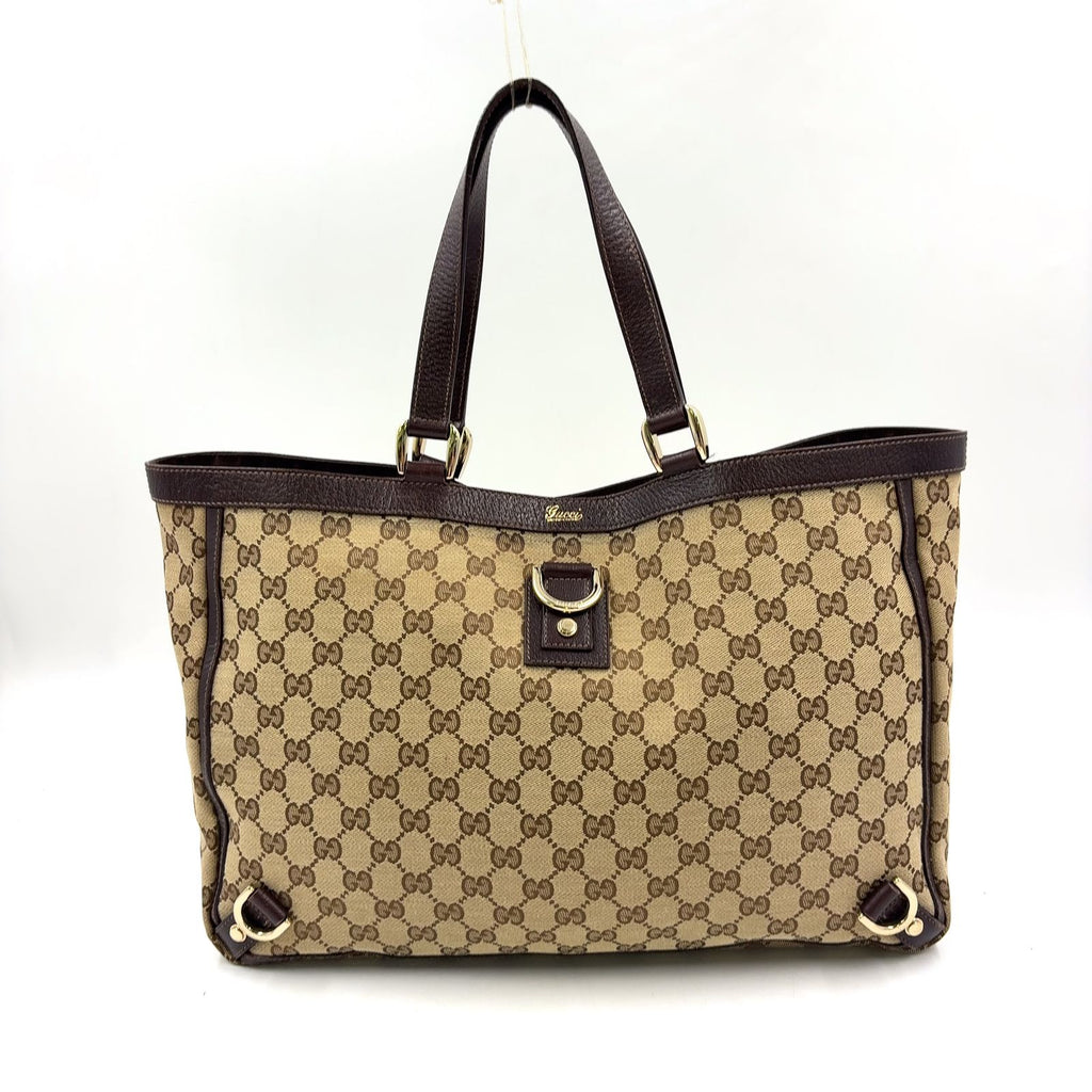 Gucci Abbey Leather Canvas Dark Brown Beige Tote Bag Gold