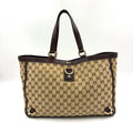 Gucci Abbey Leather Canvas Dark Brown Beige Tote Bag Gold