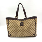 Gucci Abbey Leather Canvas Dark Brown Beige Tote Bag Gold