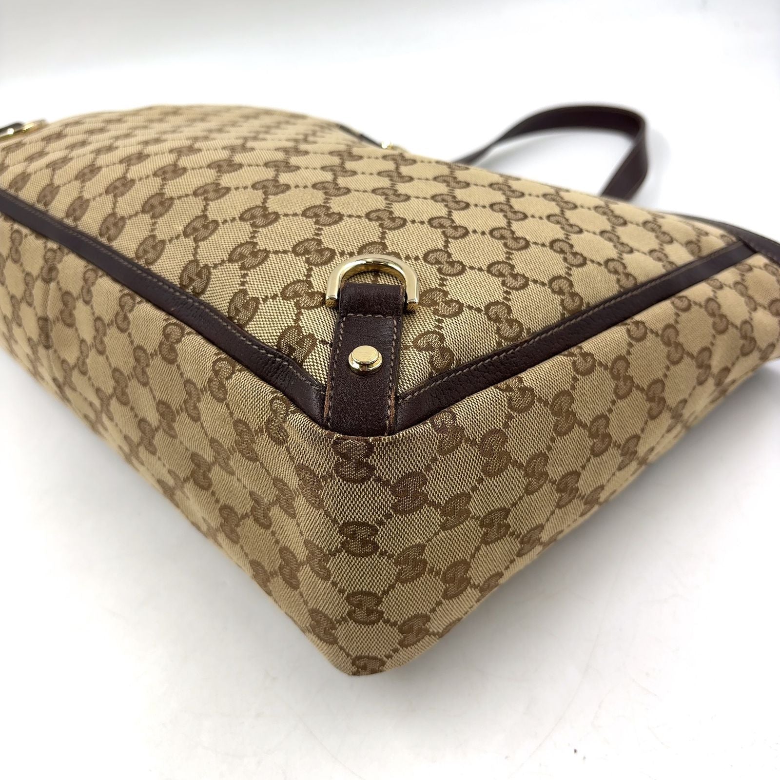 Gucci Abbey Leather Canvas Dark Brown Beige Tote Bag Gold — view 7